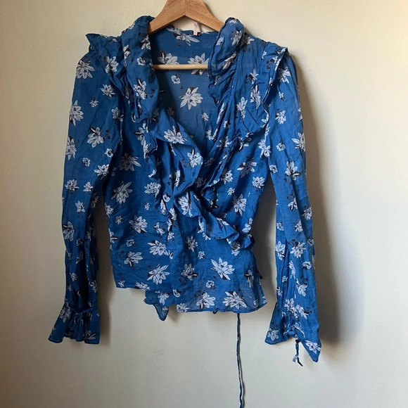 Free People Amanda wrap top ruffle detail blouse in blue, size medium - Picture 4 of 5